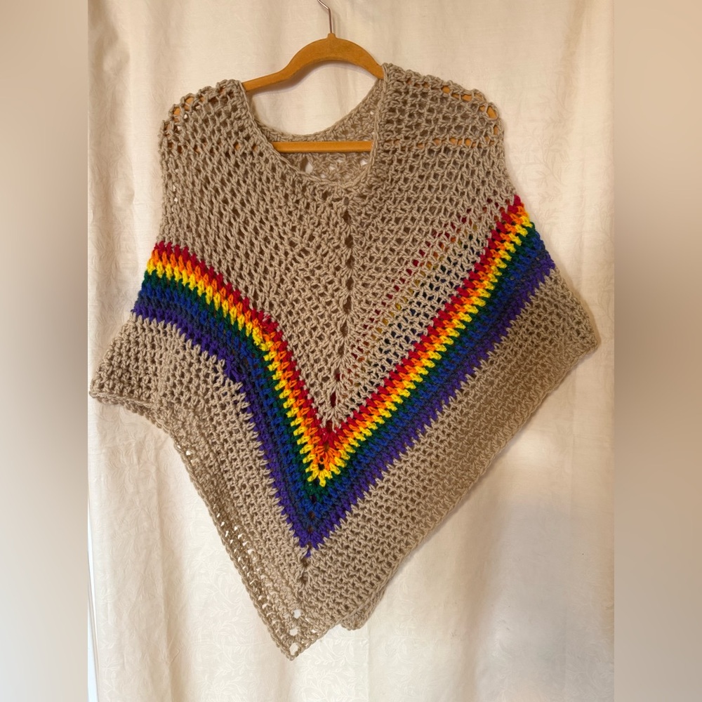 Crochet Poncho, Women’s sz Medium Tan & Rainbow Colors, Handmade Crochet Poncho - Picture 6 of 6